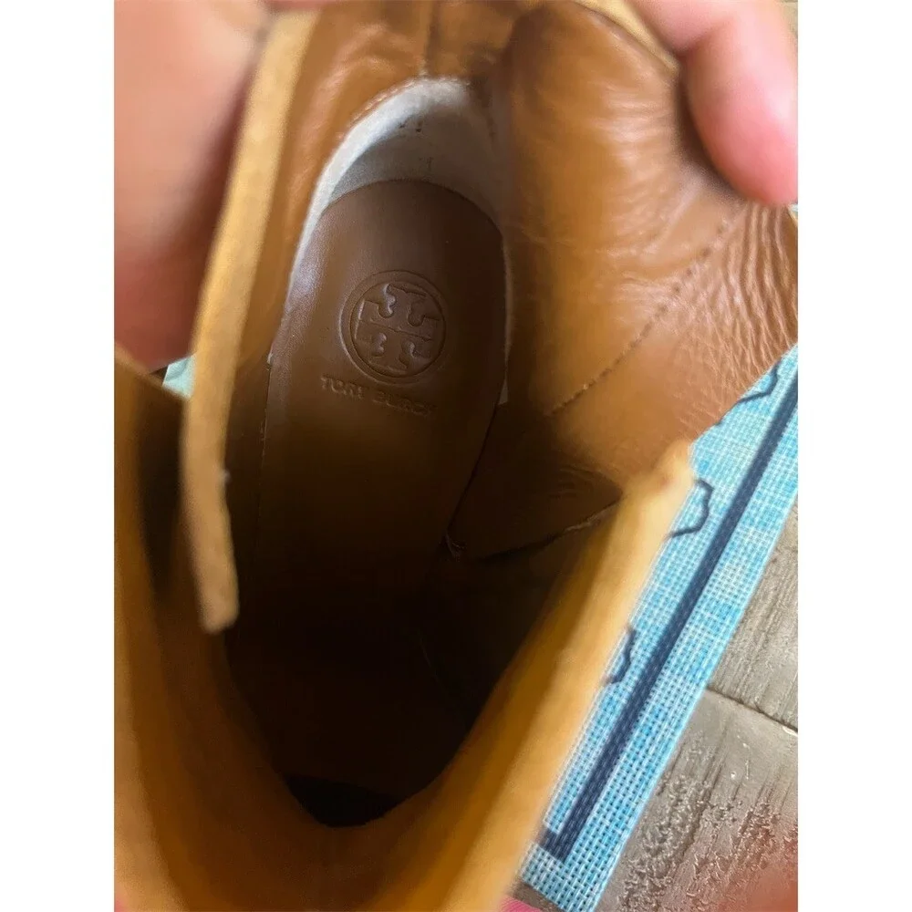 Tory Burch Ankle Booties Womens 7.5 Tan‎ Side Zip Block Heel Logo